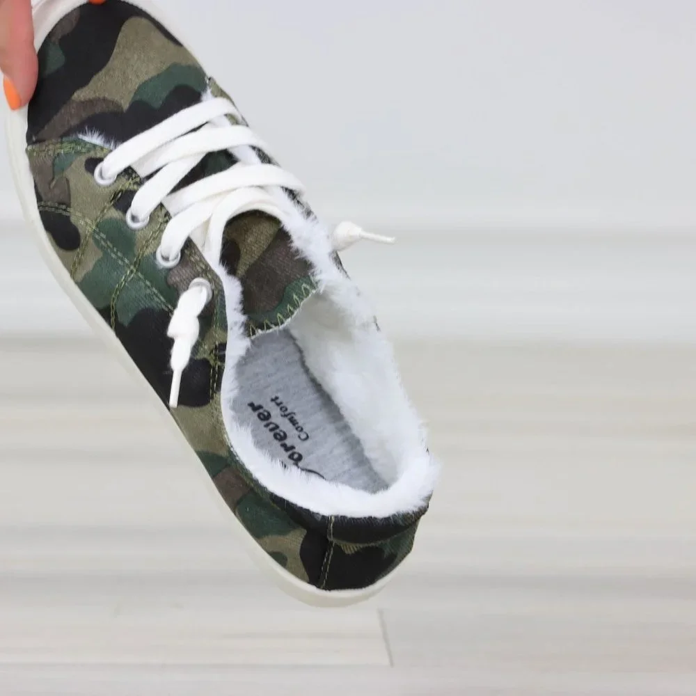 Camouflage Women's Flat Sneakers Canvas Lace Up Round Toe Warm Knit Lining - Picture 6 of 13